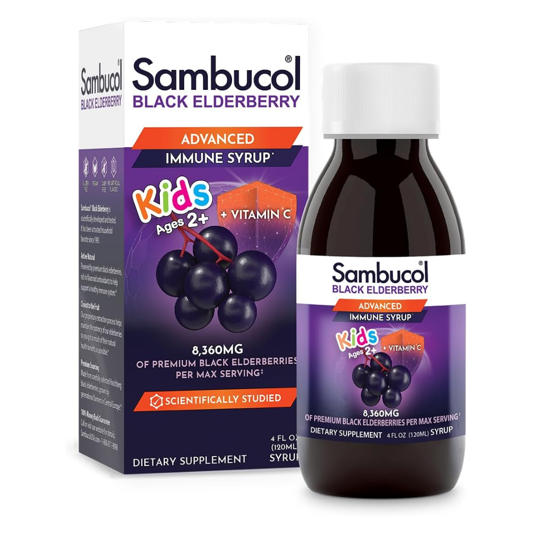 Sambucol Black Elderberry Kids Syrup bottle by Farmacias Savia, 4oz, with label featuring elderberries and child-friendly design.