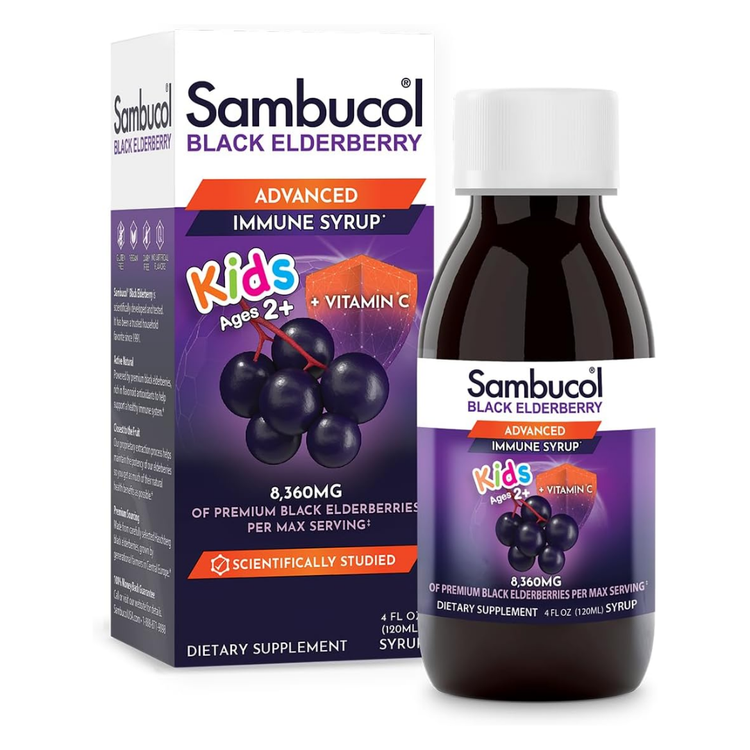 Sambucol Black Elderberry Kids Syrup bottle by Farmacias Savia, 4oz, with label featuring elderberries and child-friendly design.