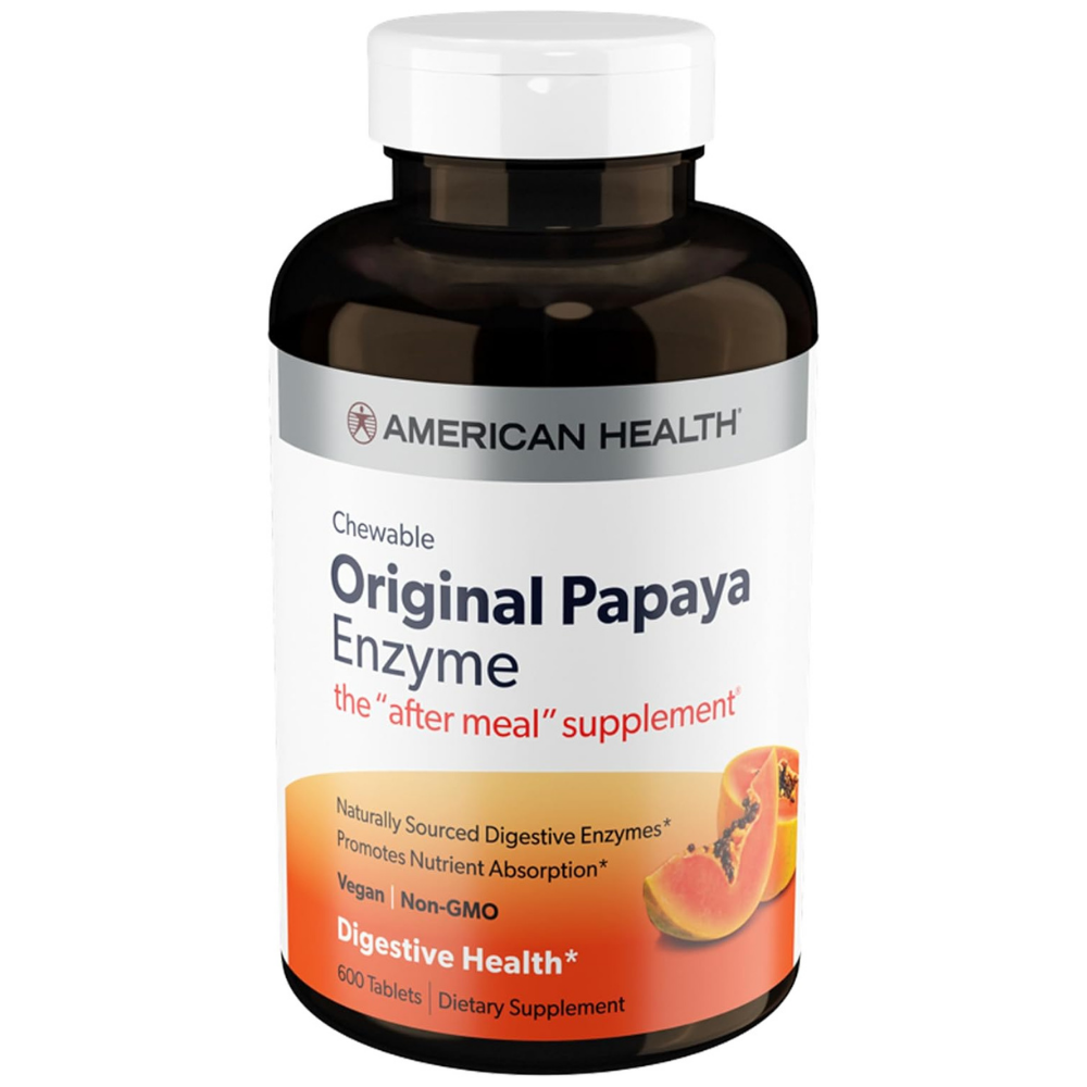 Chewable American Health Papaya Enzyme supplement in orange tablets, designed to aid digestion and promote gut health.