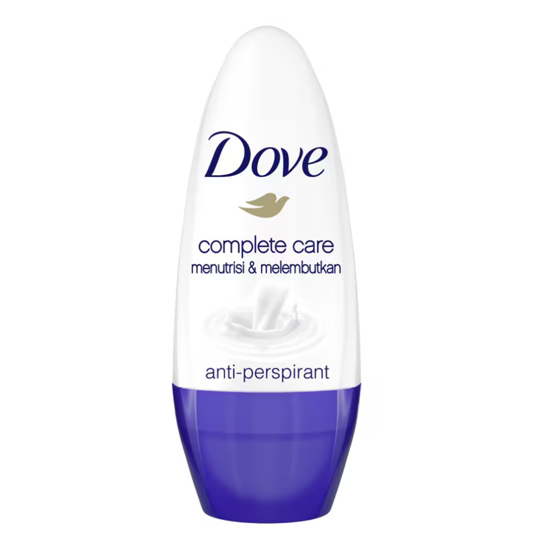 Dove Complete Care Roll-On Deodorant in 1.35oz, featuring a white and blue bottle with Dove branding and clear product labeling.