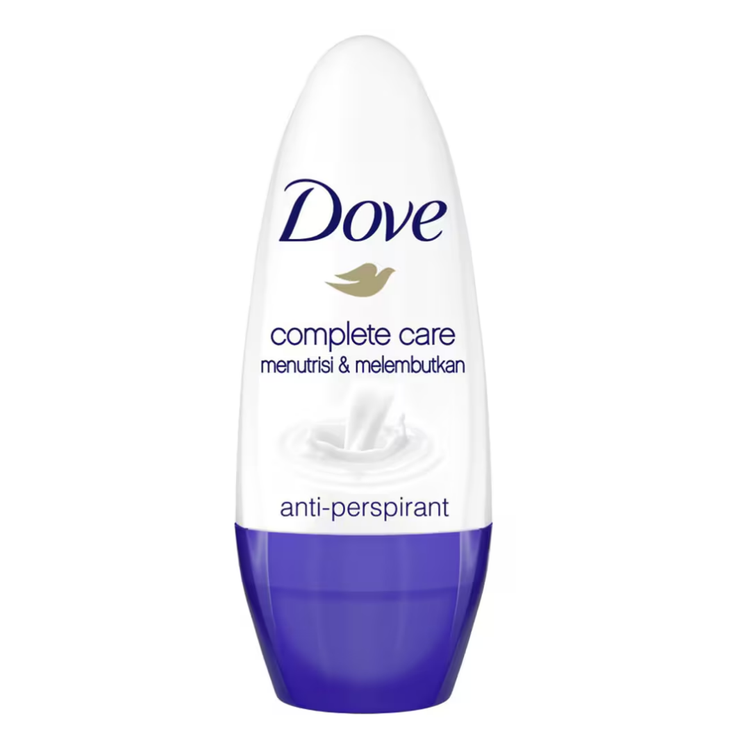 Dove Complete Care Roll-On Deodorant in 1.35oz, featuring a white and blue bottle with Dove branding and clear product labeling.