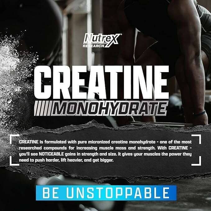 Container of Nutrex Creatine Monohydrate supplement by PoorBoySupplements.com, showing the labeled creatine product with 60 servings.
