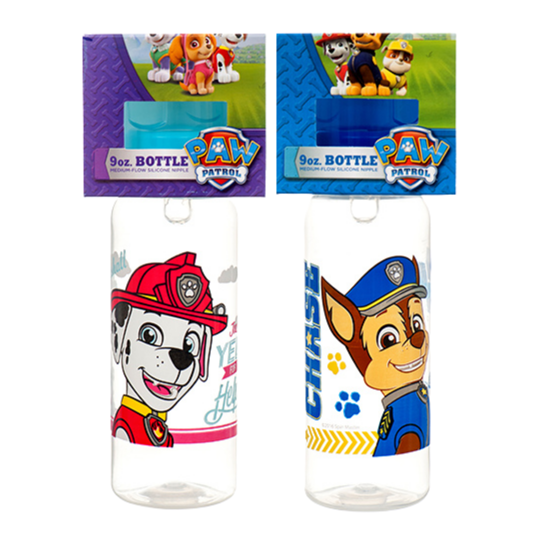 Pink Paw Patrol kids water bottle with 9oz capacity, BPA free, featuring Paw Patrol characters, designed for children.