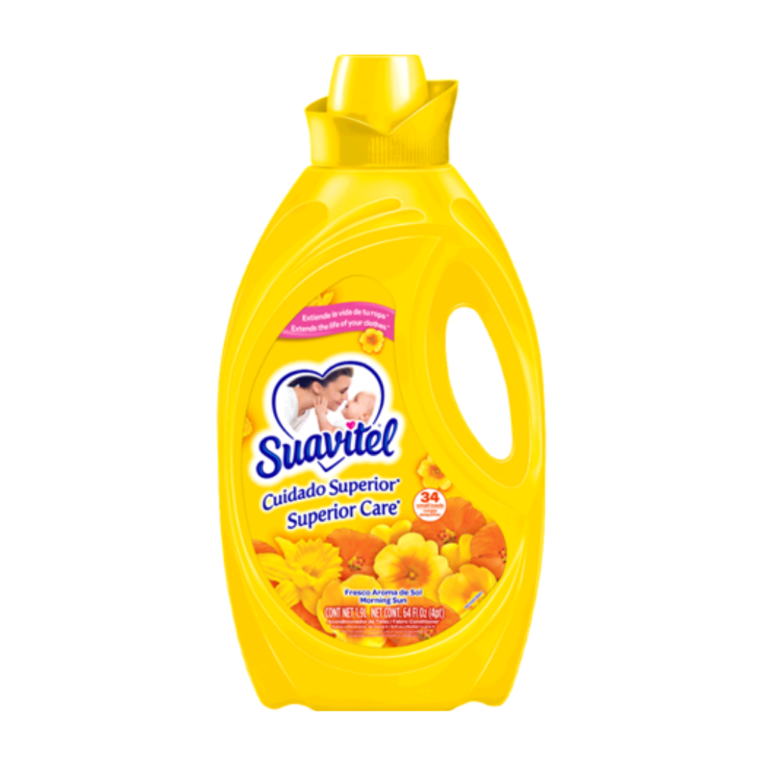 Suavitel Morning Sun fabric softener bottle, 64oz, with bright yellow label and floral design, used for softening and freshening clothes.