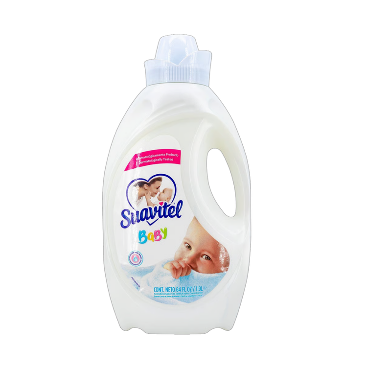 Farmacias Savia Suavitel Baby hypoallergenic fabric softener bottle, 64oz, with baby-friendly formula and gentle scent.