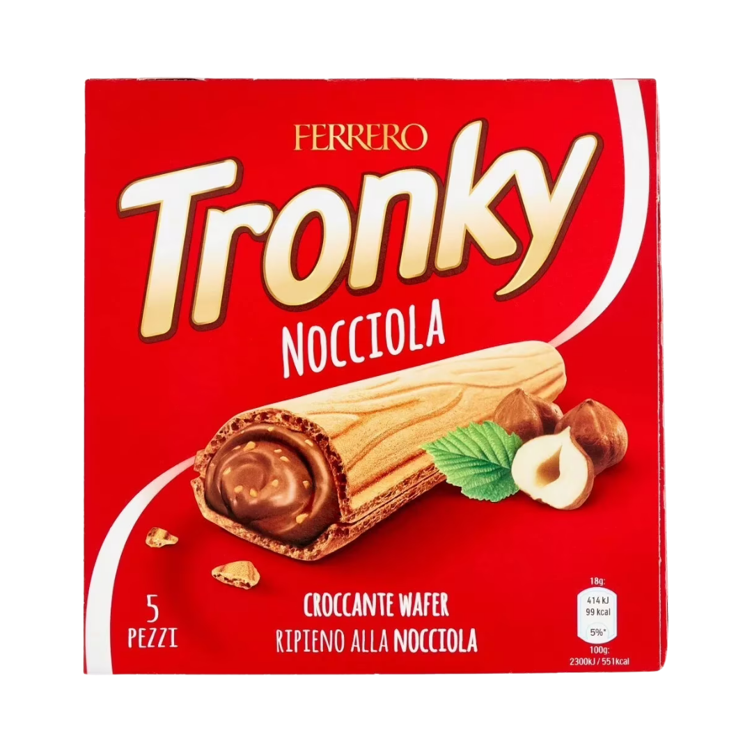 Farmacias Savia Ferrero Tronky hazelnut-filled crunchy wafer family pack with five bars, showing the snack&
