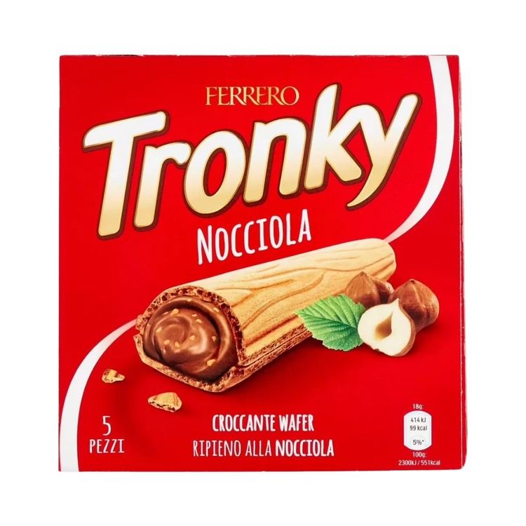 Farmacias Savia Ferrero Tronky hazelnut-filled crunchy wafer family pack with five bars, showing the snack&