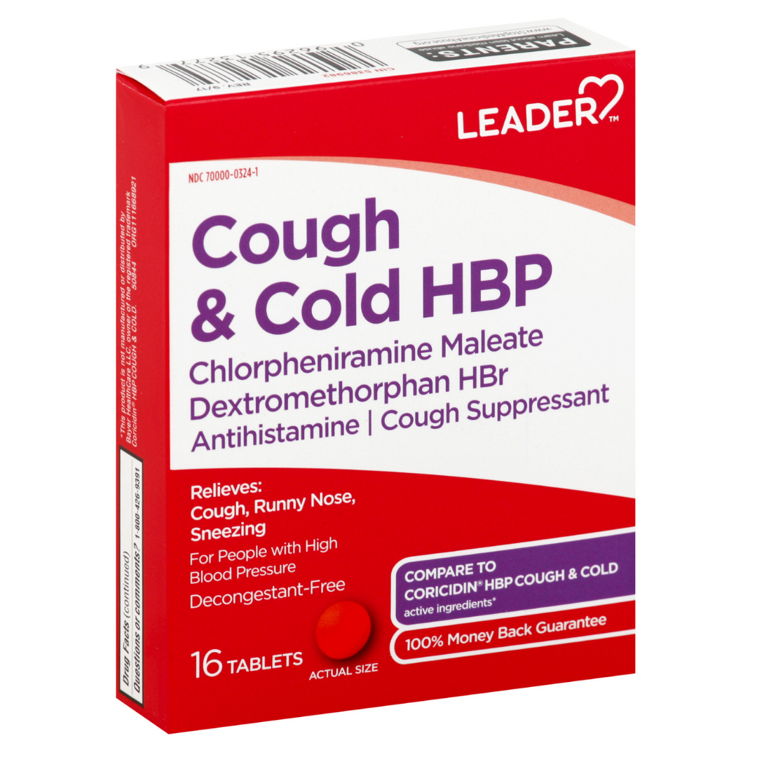Pack of Leader Cough & Cold Tablets in a 16-count blister pack, designed to relieve cold and cough symptoms.
