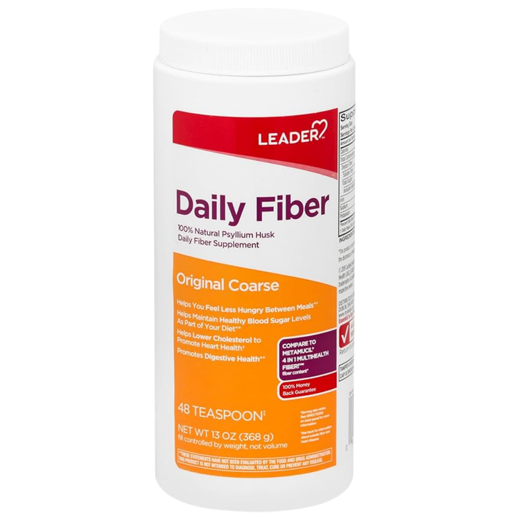 Farmacias Savia Leader Daily Fiber Powder with psyllium husk in a 13oz container, showing the fiber supplement packaging.