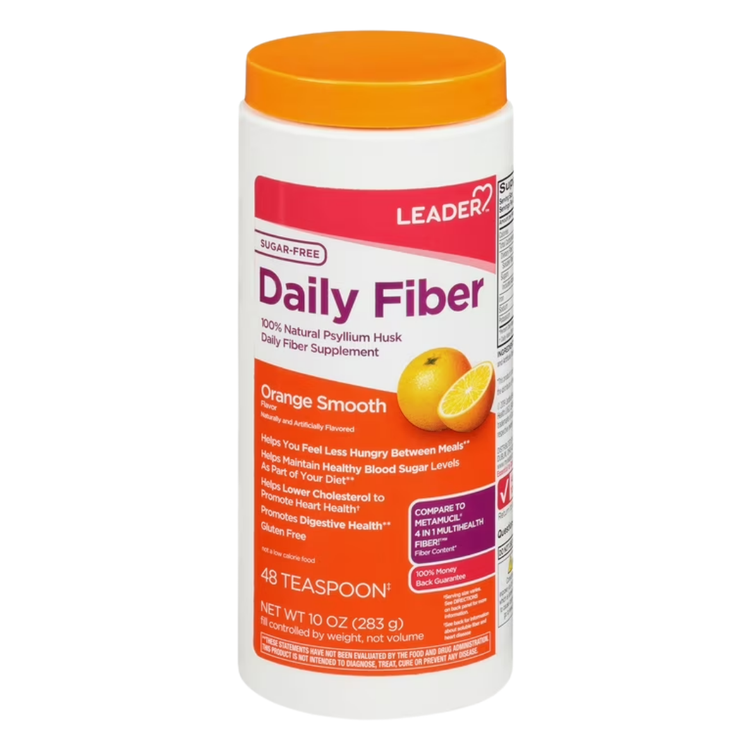 Farmacias Savia Leader Daily Fiber Powder with orange flavor, featuring psyllium husk in a 13oz container.