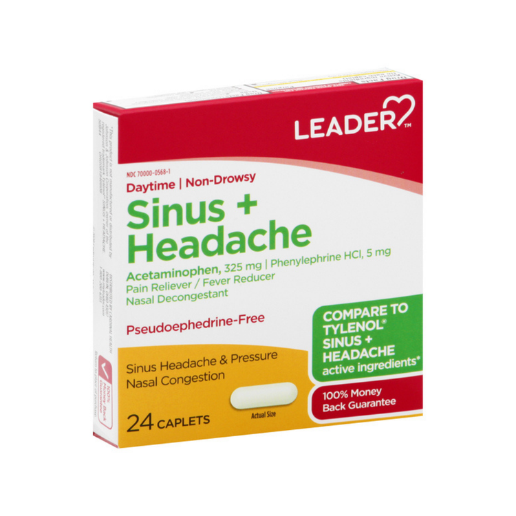 Farmacias Savia Leader Sinus + Headache Daytime Non-Drowsy Relief caplets in a blister pack, OTC medication for sinus and headache relief.