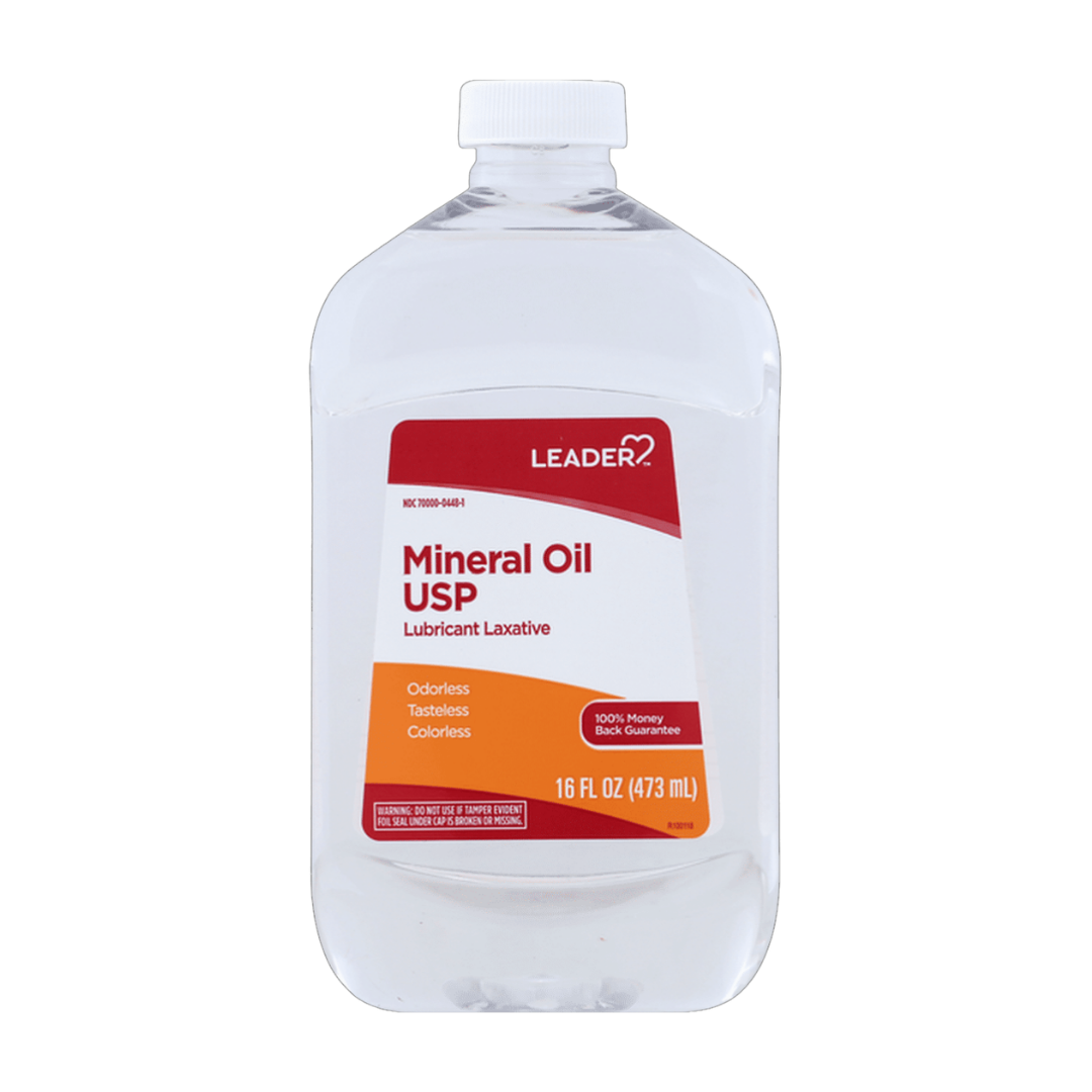 Farmacias Savia Leader Mineral Oil USP lubricant laxative bottle, odorless and tasteless, 16oz container with clear labeling.