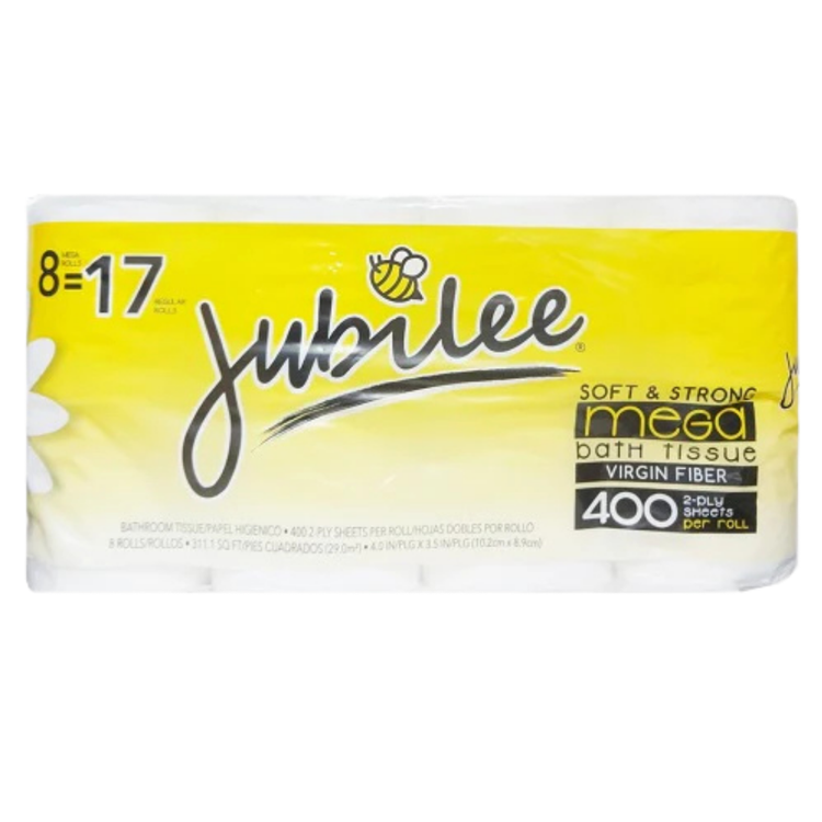Farmacias Savia Jubilee bathroom tissue 8-pack with 400 sheets per roll, showing soft, white toilet paper rolls stacked together.