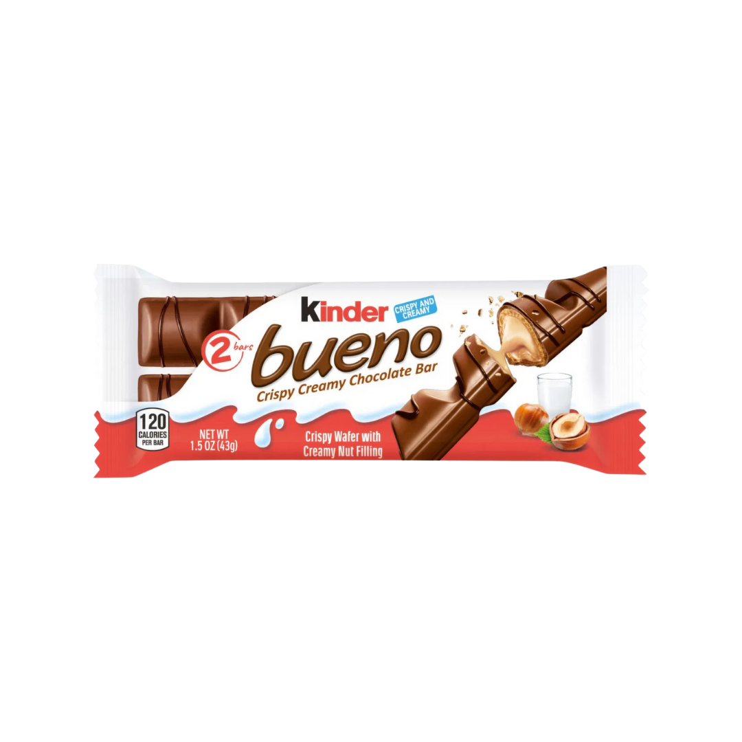 Kinder Bueno Crispy Hazelnut Milk Chocolate Bar showing a partially unwrapped chocolate bar with creamy hazelnut filling.