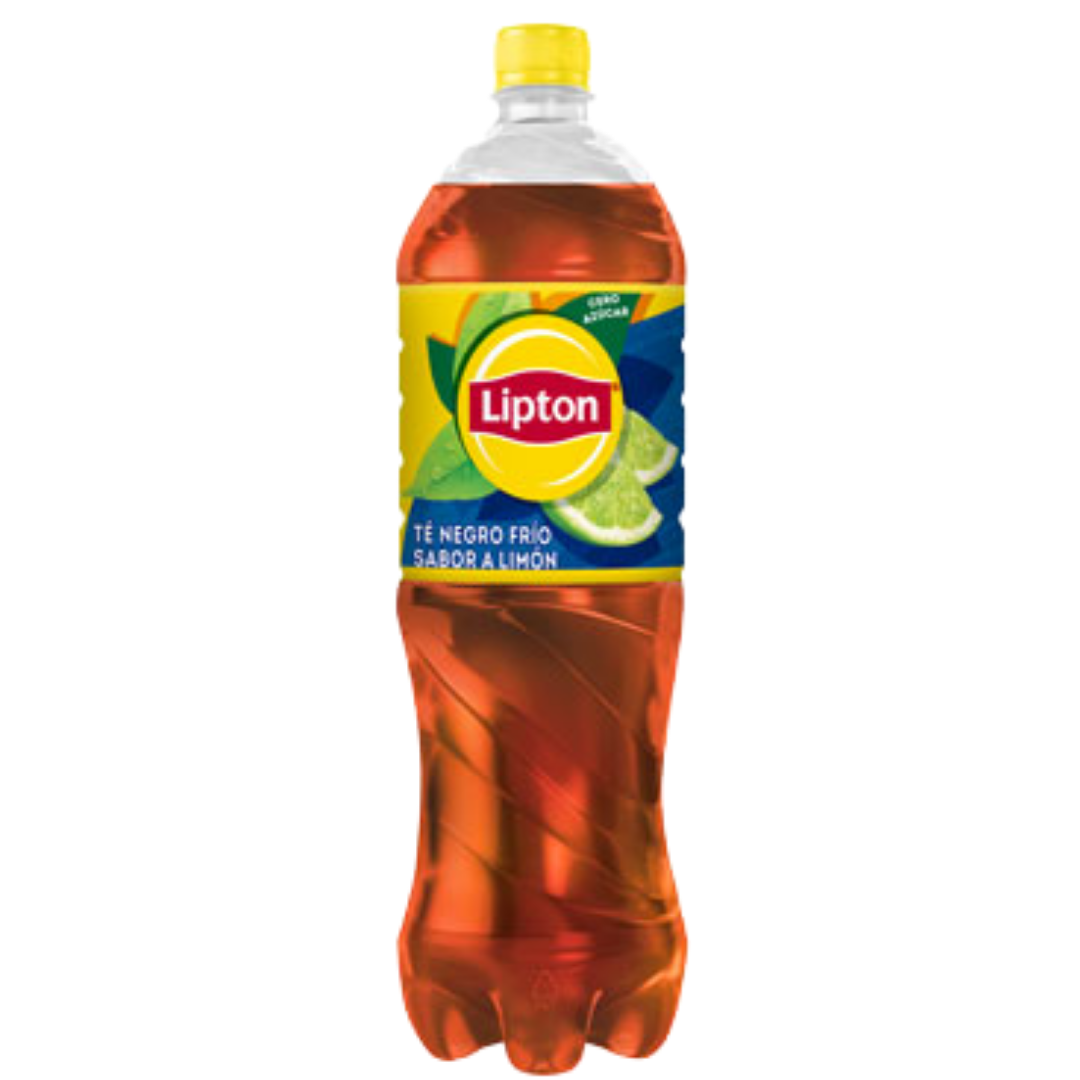 Bottle of Lipton Ice Tea Lemon in 42.3oz size, showing the yellow lemon flavor label on a clear plastic bottle.