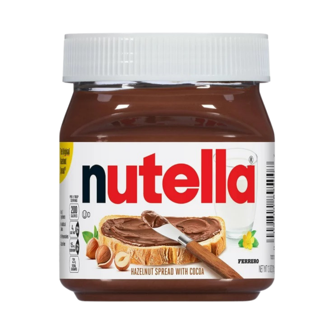 Nutella Original Hazelnut Spread with Cocoa in a 13 oz jar, featuring a smooth, creamy texture and classic label design.