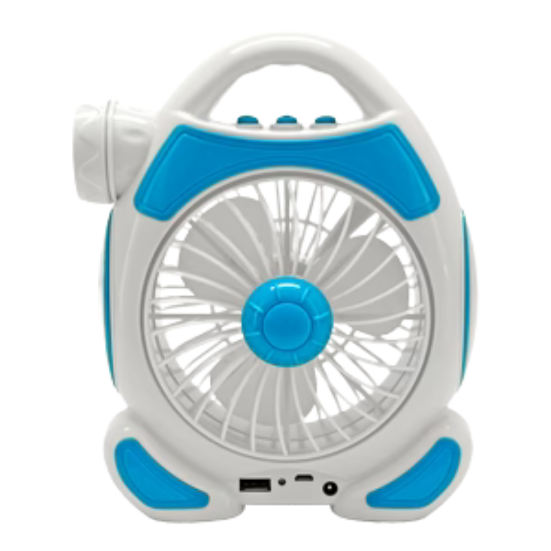 Portable multifunctional fan model AA2024-0441 by Farmacias Savia, showing adjustable blades and compact design for on-the-go cooling.