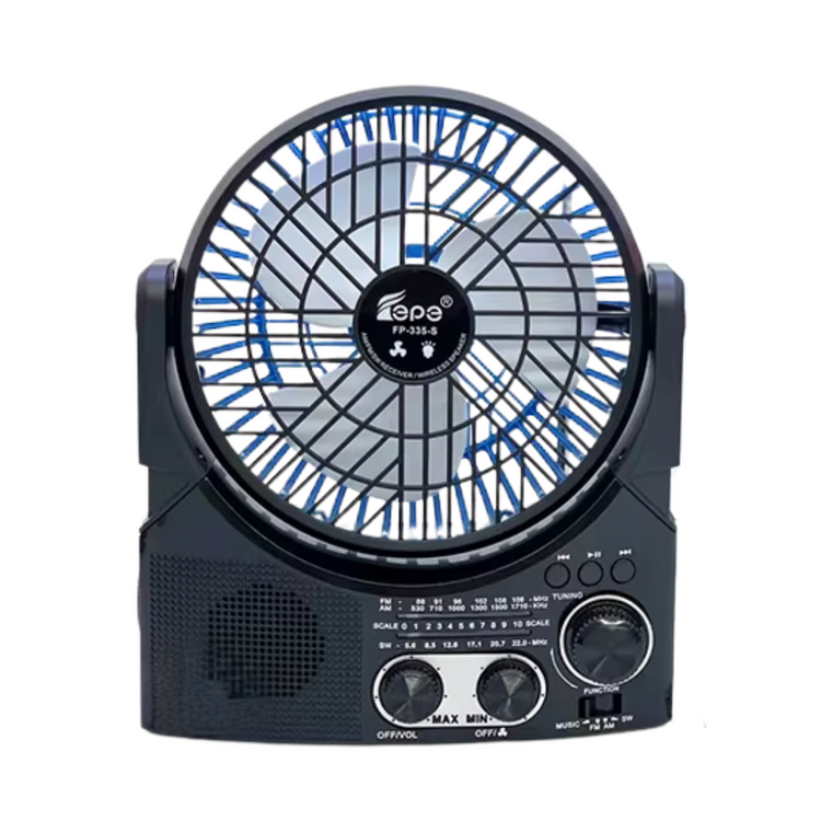 Farmacias Savia BreezePlay Fan Radio AA2024-0432 showing a compact fan and radio device with buttons and display screen.