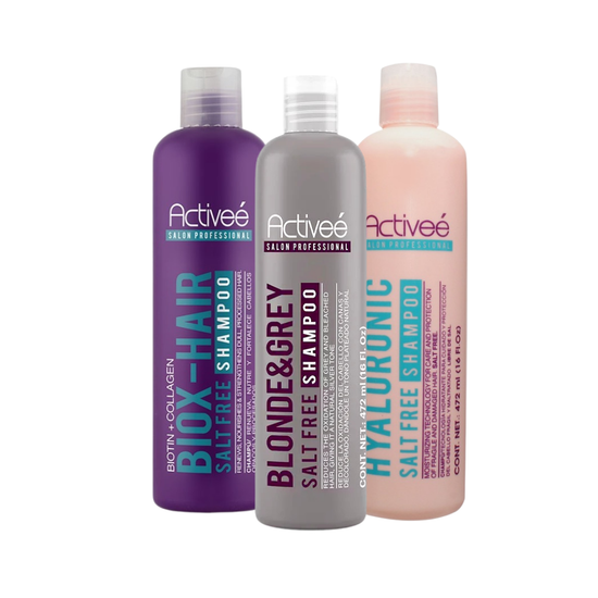 Activee Salon Professional Variety hair care bottles, 16 oz, in colorful packaging, from Farmacias Savia.