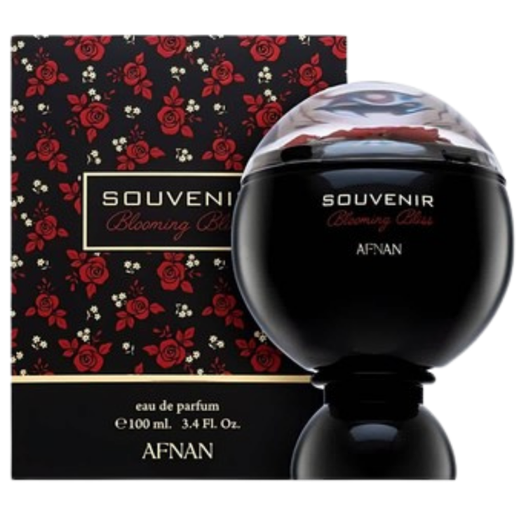 A 3.4oz Afnan Souvenir Blooming Bliss perfume bottle for women, featuring elegant floral design and clear glass, displayed on a white background.