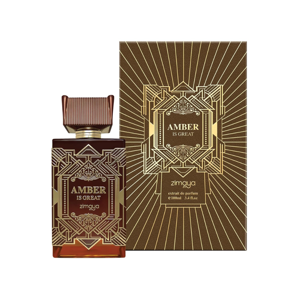 Afnan Zimaya Amber Is Great unisex perfume bottle, 3.4 oz, with elegant packaging and amber-colored liquid inside.