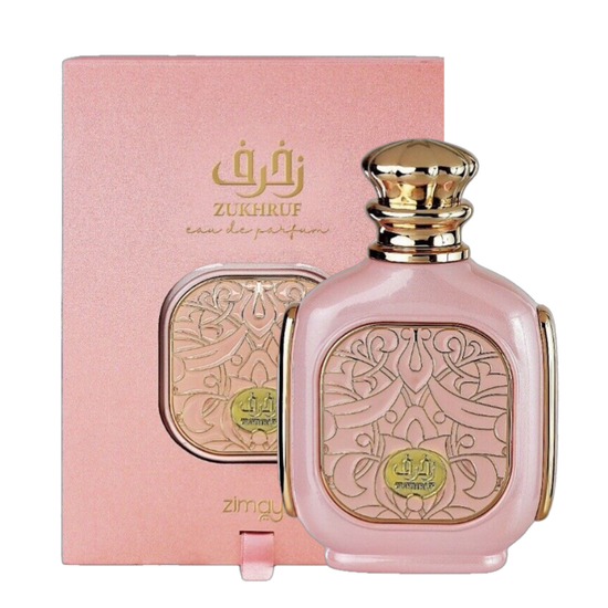 Farmacias Savia Zimaya Zukhuruf Pink Eau de Parfum for women, 3.4 oz bottle with pink accents and elegant floral design.