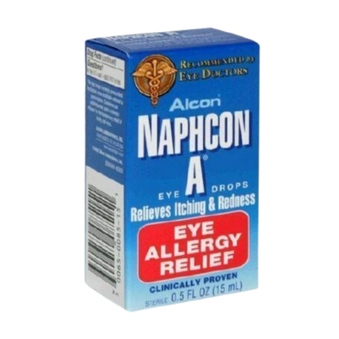 Alcon Naphcon A antihistamine eye drops in a 0.5 oz bottle with clear label and dropper cap, used for allergy relief.