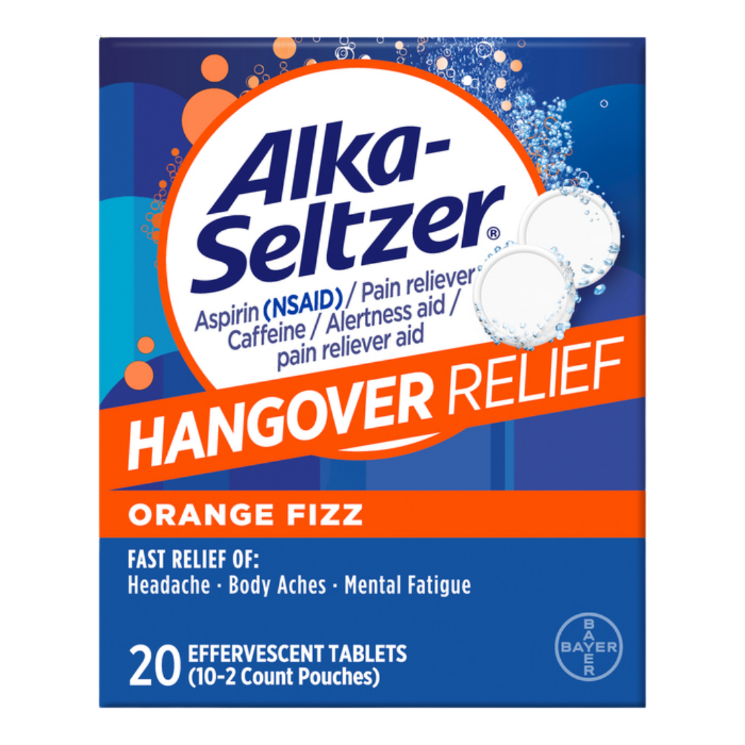 Alka-Seltzer Hangover Relief effervescent tablets in a 20-count package, with a glass of water and the tablets dissolving.
