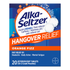 Alka-Seltzer Hangover Relief effervescent tablets in a 20-count package, with a glass of water and the tablets dissolving.