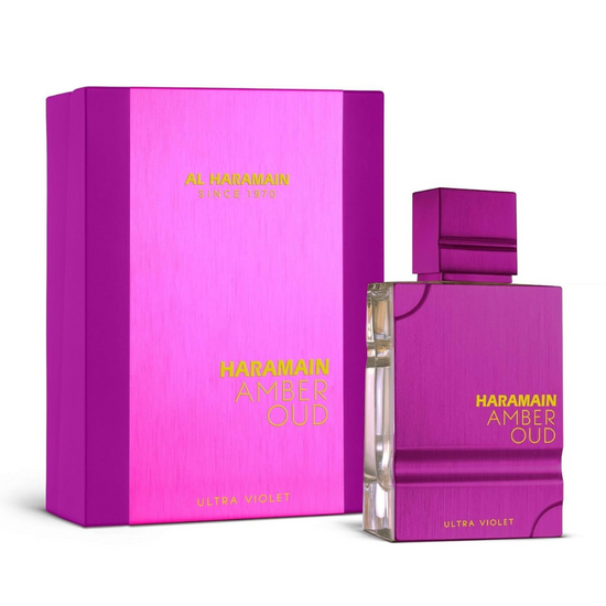 Al Haramain Amber Oud Ultra-Violet perfume spray for women, 2oz, featuring a sleek glass bottle with a purple-tinted liquid.