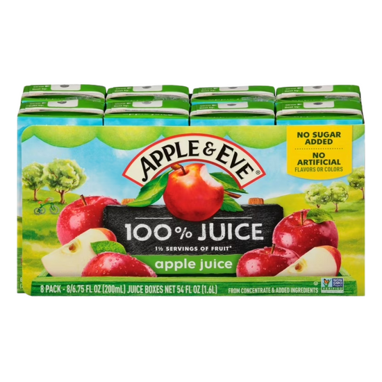 Box of Apple & Eve apple juice bottles, 8-pack, natural fruit juice from Farmacias Savia.