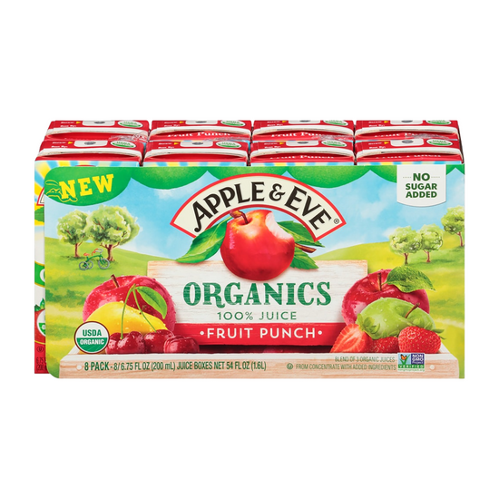 Apple & Eve Fruit Punch 8-pack, colorful juice boxes with fruit images, perfect for kids&