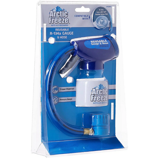 Arctic Freeze reusable R-134a refrigerant gauge and hose kit for auto air conditioning, with pressure meter and hoses.