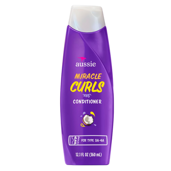 Aussie Miracle Curls Conditioner bottle for curly hair, 12.1 oz, with vibrant label featuring product branding and design.