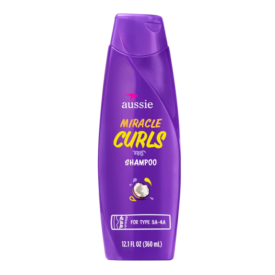 Aussie Miracle Curls shampoo bottle with vibrant label, 12.1 oz, for curly hair care by Farmacias Savia
