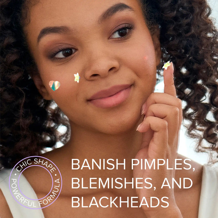 Maree pimple and acne patches on clear skin, showing their discreet, fast-acting design for acne treatment.