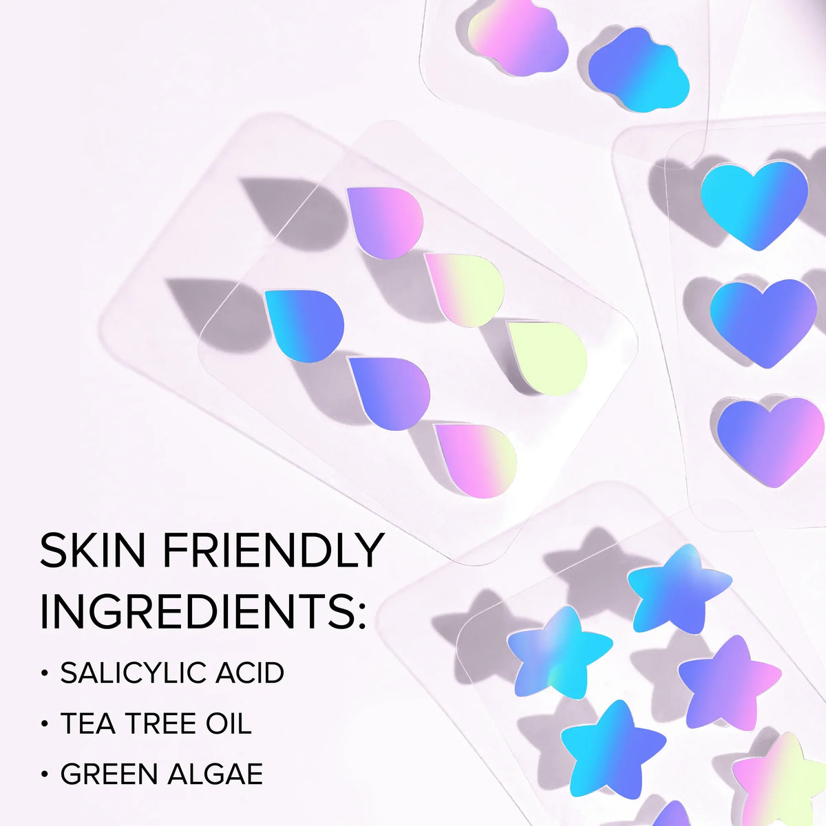 Set of four Maree pimple and acne patches on clear skin, showing how the fast-acting acne treatment covers blemishes effectively.