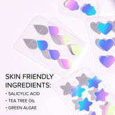 Set of four Maree pimple and acne patches on clear skin, showing how the fast-acting acne treatment covers blemishes effectively.