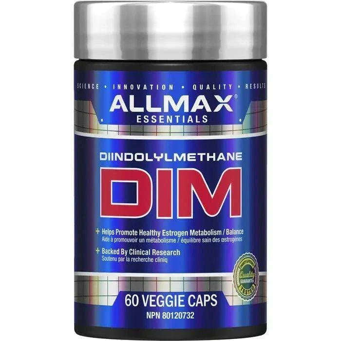 Allmax D.I.M. 100mg vegetarian capsules for weight loss, shown in a close-up image with supplement bottle and cap.