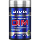 Allmax D.I.M. 100mg vegetarian capsules for weight loss, shown in a close-up image with supplement bottle and cap.