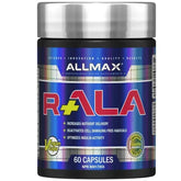 Allmax R-ALA Alpha Lipoic Acid 125mg capsules, dietary supplement for vitamins and herbs, shown in a bottle.