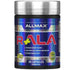 Allmax R-ALA Alpha Lipoic Acid 125mg capsules, dietary supplement for vitamins and herbs, shown in a bottle.