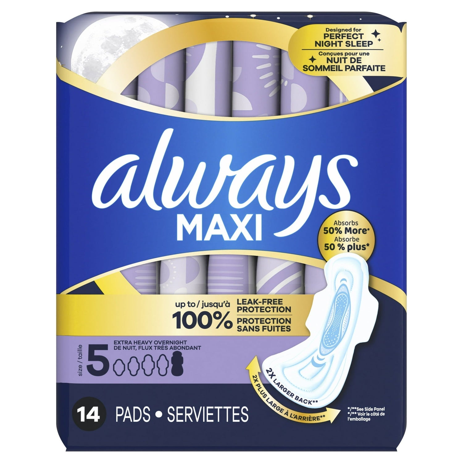 Always MAXI SIZE 5 maxi pads with wings, extra-heavy overnight absorbency, 14 pads per pack, designed for maximum protection.