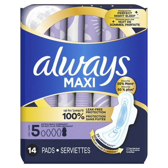 Always MAXI SIZE 5 maxi pads with wings, extra-heavy overnight absorbency, 14 pads per pack, designed for maximum protection.