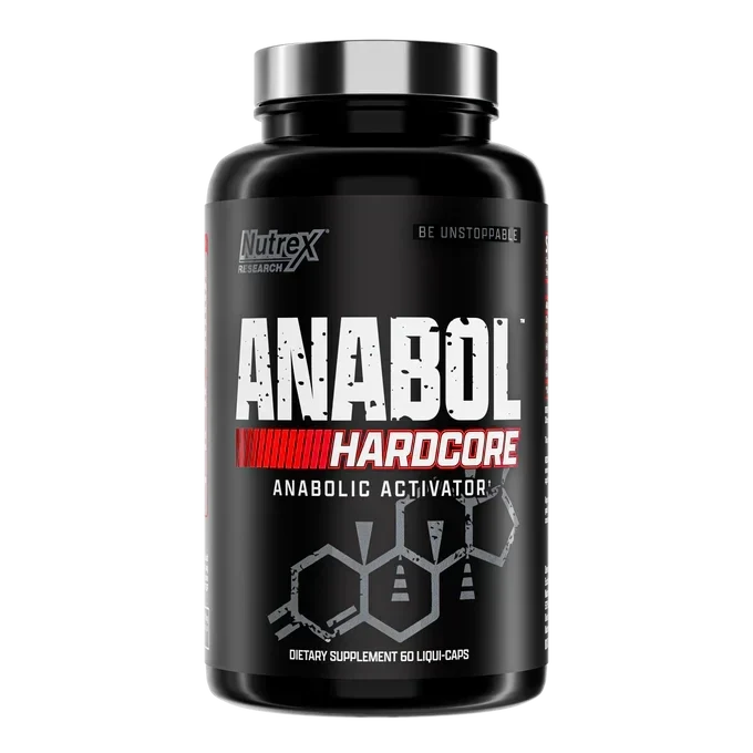 Testosterone booster supplement Nutrex Anabol Hardcore 60 capsules in black bottle with label featuring bold text and branding.