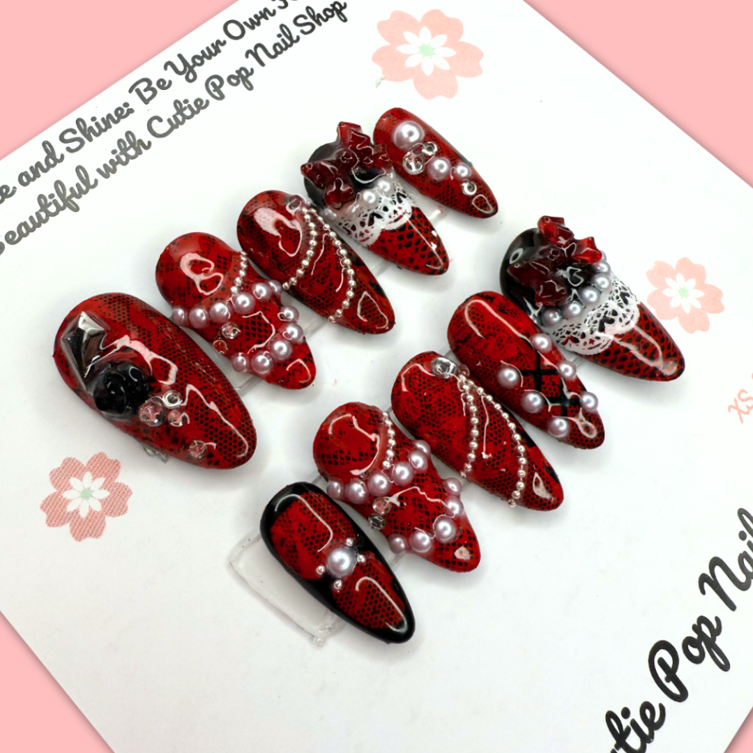 Crimson Noir Lace Gothic Press-On Nail Set