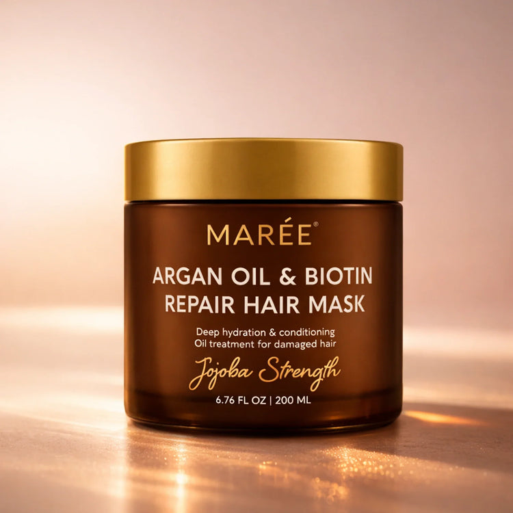 Maree Argan Oil & Biotin Hair Repair Mask in a jar, showing creamy formula and natural ingredients for nourishing hair.
