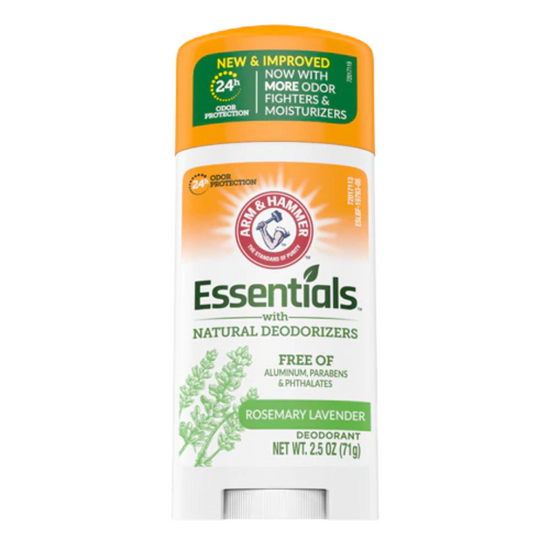 Arm & Hammer Essentials Rosemary Lavender deodorant in 2.5 oz bottle, natural antiperspirant and deodorant for fresh, clean scent.