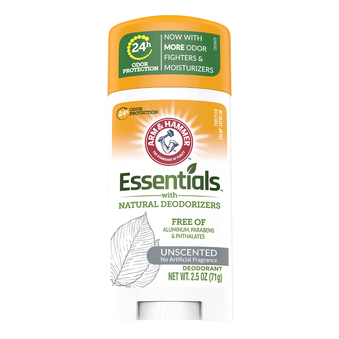 Arm & Hammer Essentials Unscented Deodorant 2.5 oz stick, natural and fragrance-free for daily underarm freshness.
