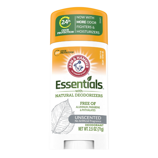 Arm & Hammer Essentials Unscented Deodorant 2.5 oz stick, natural and fragrance-free for daily underarm freshness.